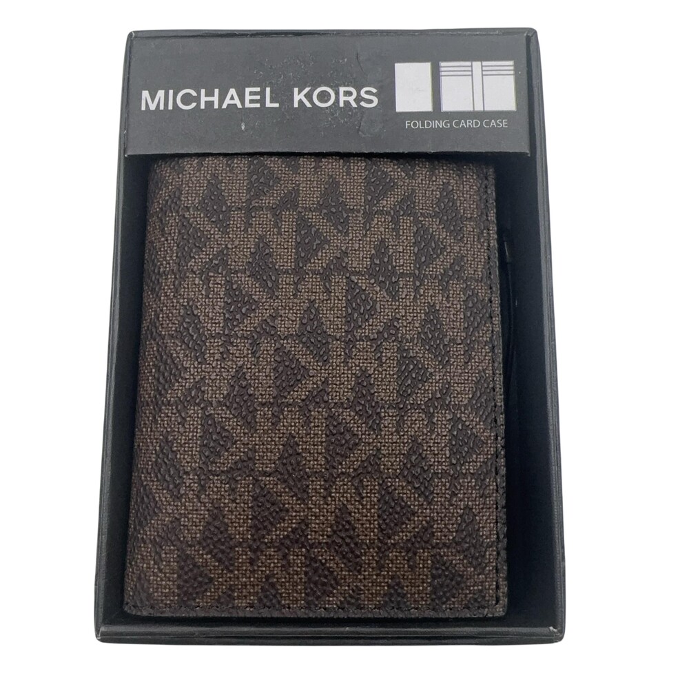 Michael Kors Wallet Mens Brown Leather Folding Card Case Logo Bifold Holder